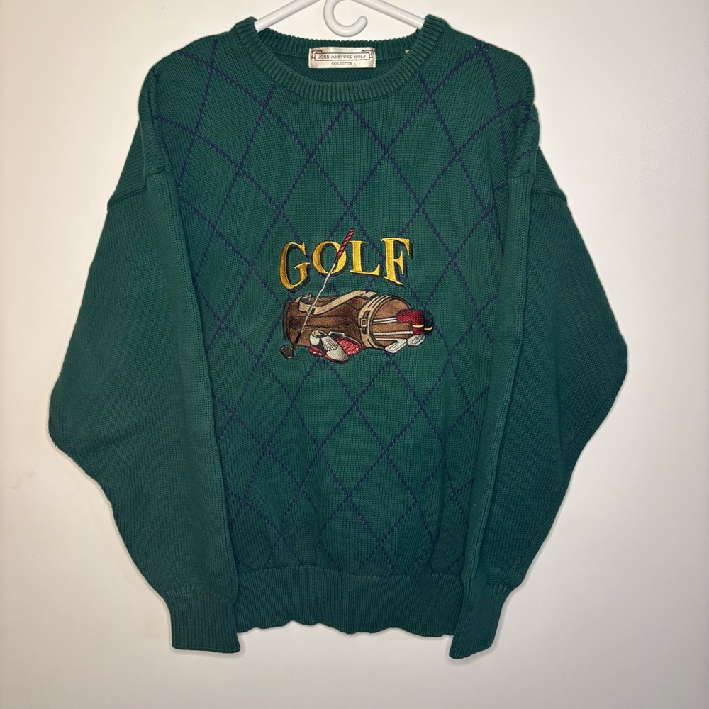 John Ashford Green Crewneck Sweater with Quilted Texture